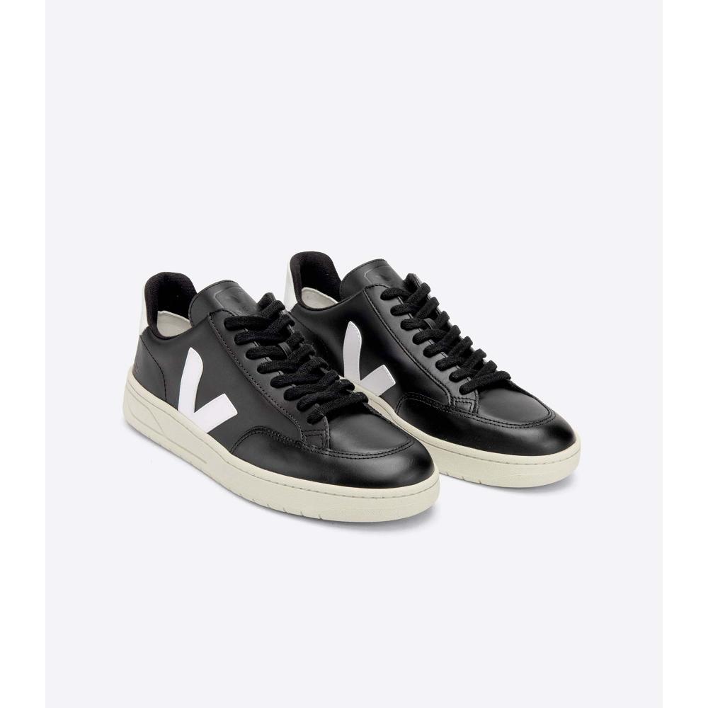 Women's Veja V-12 LEATHER Sneakers Black/White | ZA 666VRW